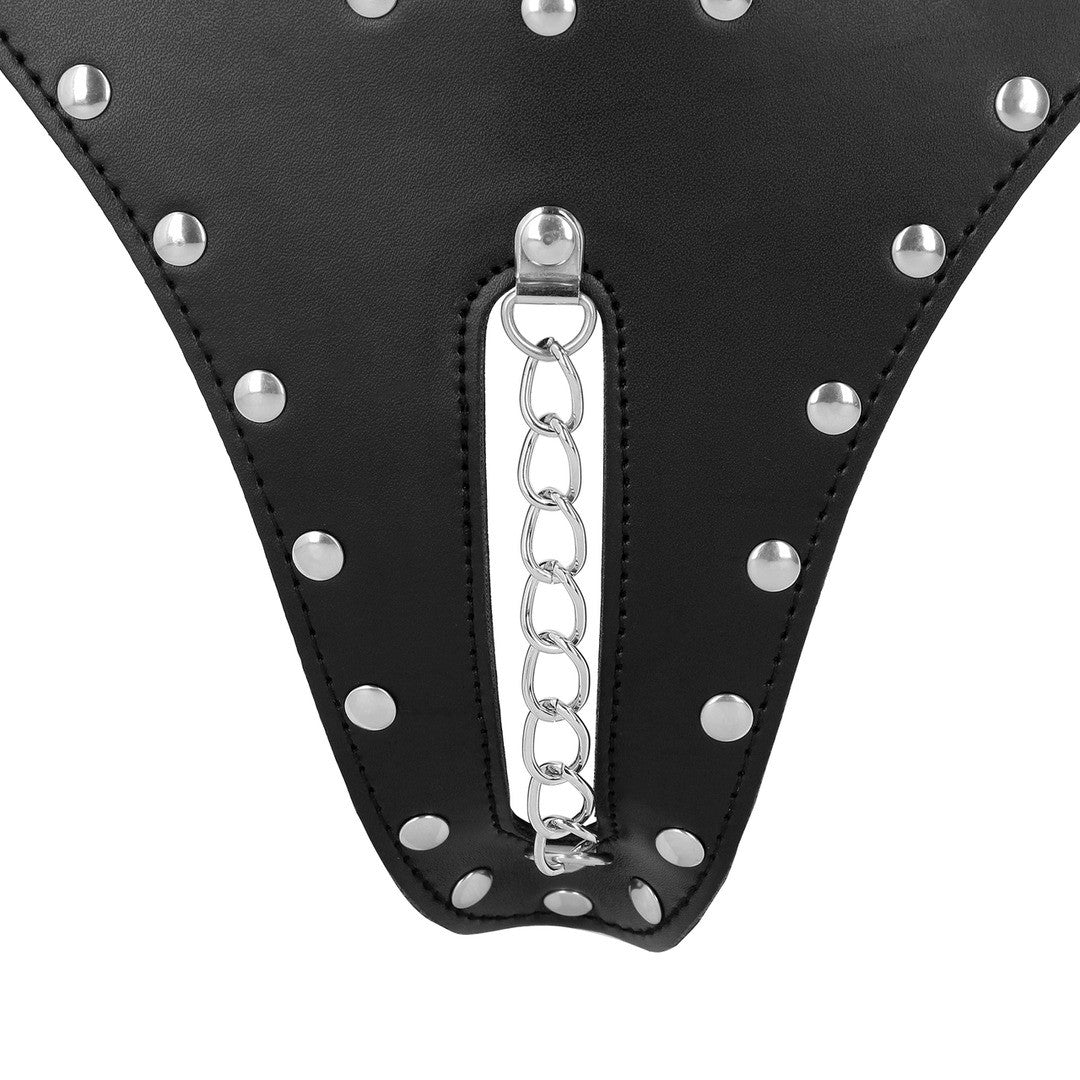 Keuschheitsstring aus PU-Leder mit Kette Schwarz