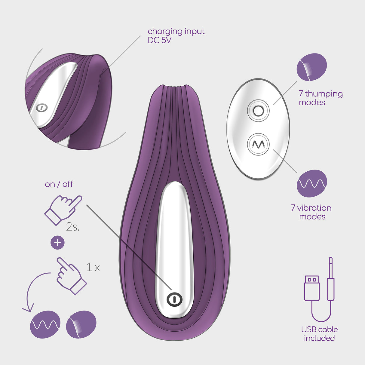 Vibrator Pleasuriser mit Akku, Fernbedienung und Gleitgel 50 ml Lila
