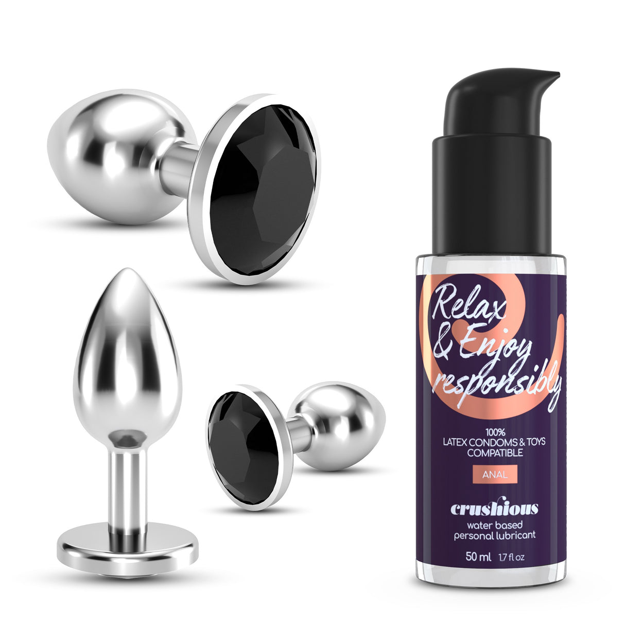Analplug-Set Bijou Trio mit Gleitgel 50 ml Schwarz 6 x Ø 2,7 cm