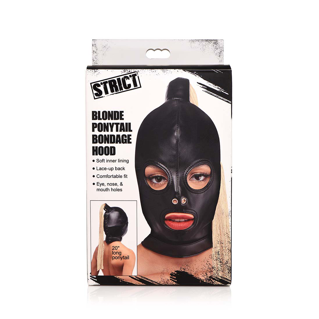 Bondage-Maske mit blondem Pferdeschwanz Schwarz 28 cm