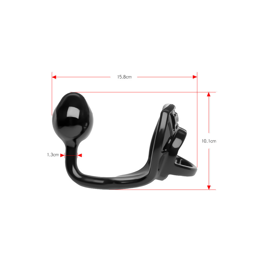 Analplug Armor Tug-Lock mit Penisring und Hodenriemen Schwarz 12,5 x Ø 4 cm