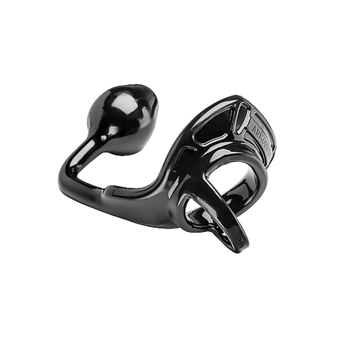 Analplug Armor Tug-Lock mit Penisring und Hodenriemen Schwarz 12,5 x Ø 4 cm