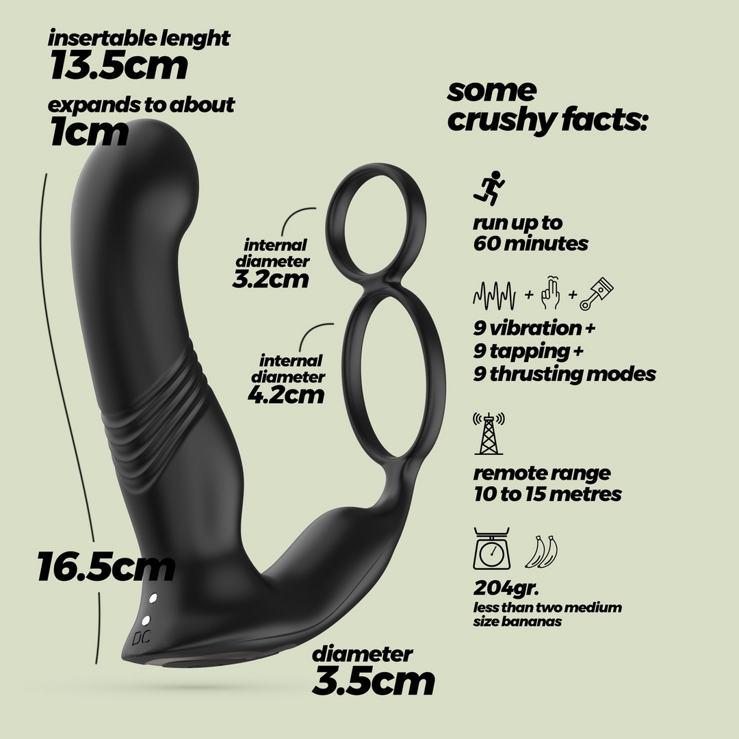 Prostata-Vibrator Erixos mit Hodenriemen und Penisring Schwarz 14,5 cm