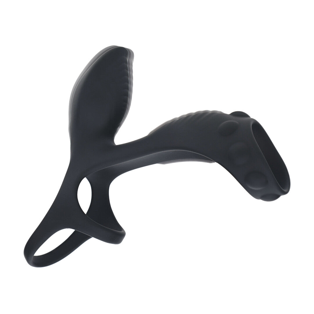 Penis- und Hodenring mit Vibration und Schaftschlaufe Silikon Schwarz 14 cm