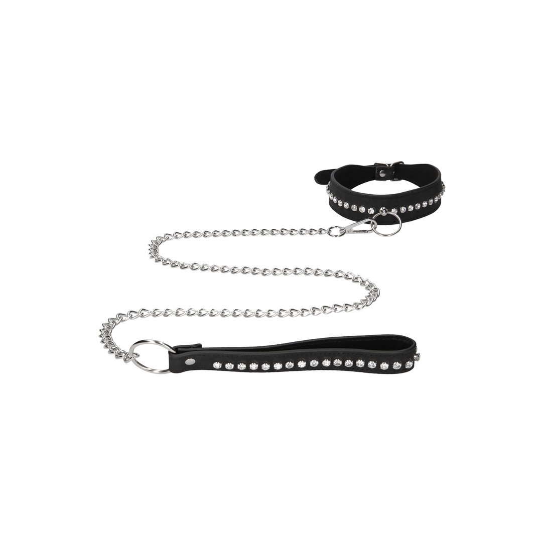 Halsband diamantbesetzt mit Leine Schwarz 102 cm