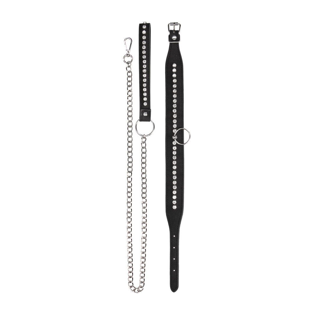 Halsband diamantbesetzt mit Leine Schwarz 102 cm