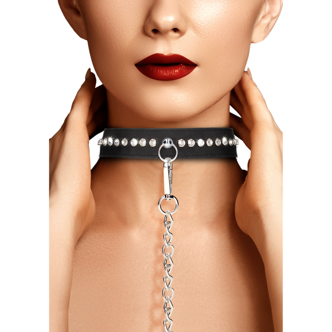 Halsband diamantbesetzt mit Leine Schwarz 102 cm