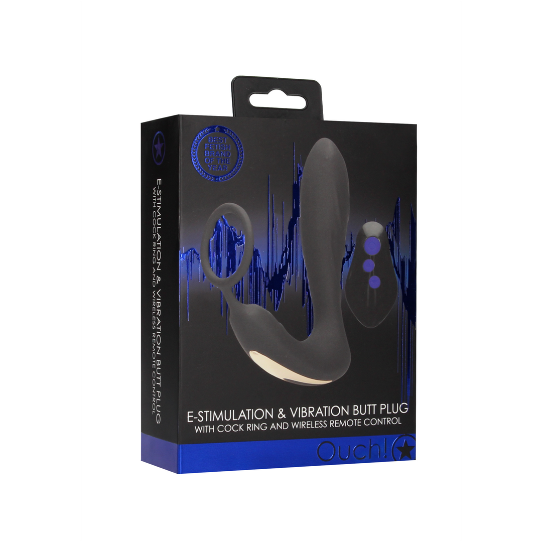 Analplug E-Stim mit Vibration und Penisring Schwarz 11,5 x Ø 3,3 cm