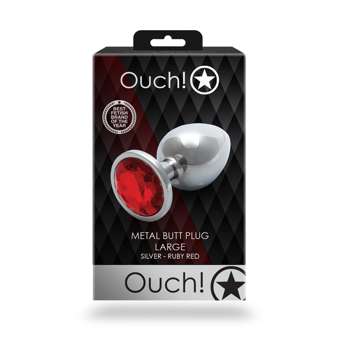 Analplug Edelstein rund groß Silber/Rubinrot 8,1 x Ø 4 cm