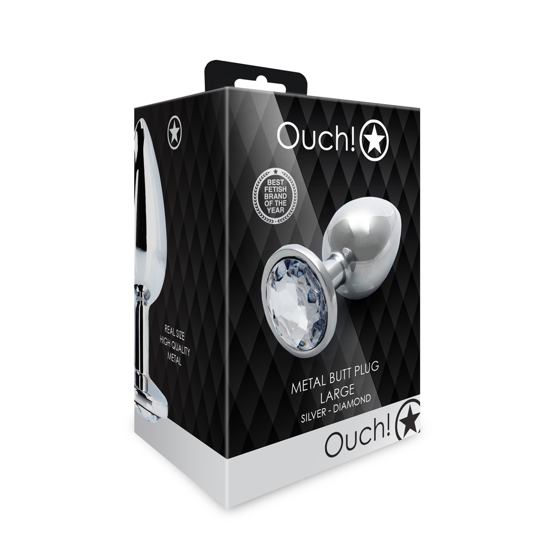 Analplug Ouch aus Metall mit rundem Stein Silber-Diamant 8,1 x Ø 4 cm – Ansicht 2
