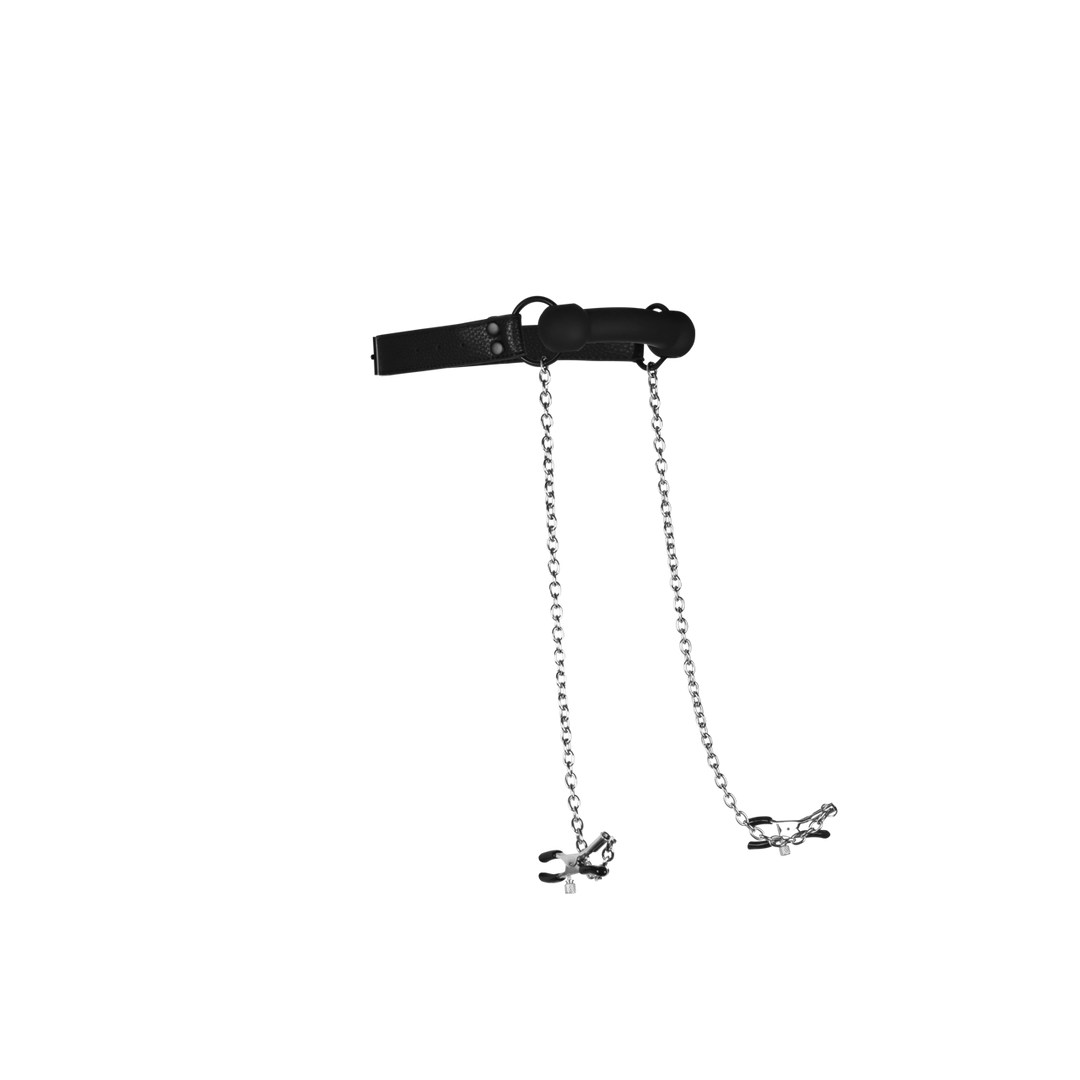 Beißknebel Silikon mit Nippelklemmen Schwarz 59 cm