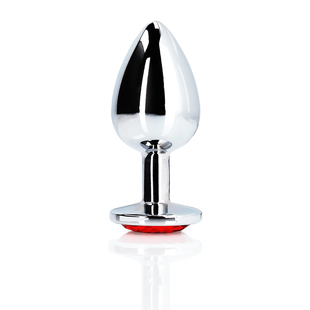 Analplug Ouch aus Metall mit rundem Stein Silber-Rubinrot 8,1 x Ø 4 cm