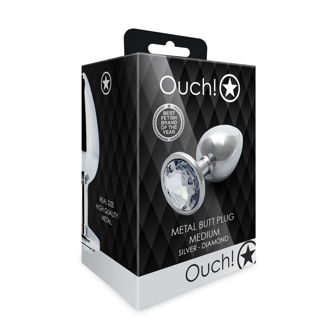Analplug Ouch aus Metall mit rundem Stein Silber-Diamant 7,1 x Ø 3,4 cm – Ansicht 2