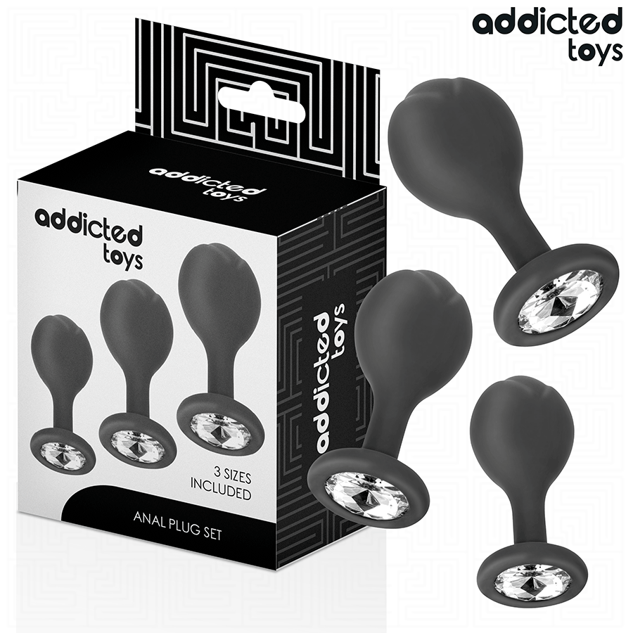 Analplug-Set 3-teilig mit Juwel Schwarz (6–8,5 cm)