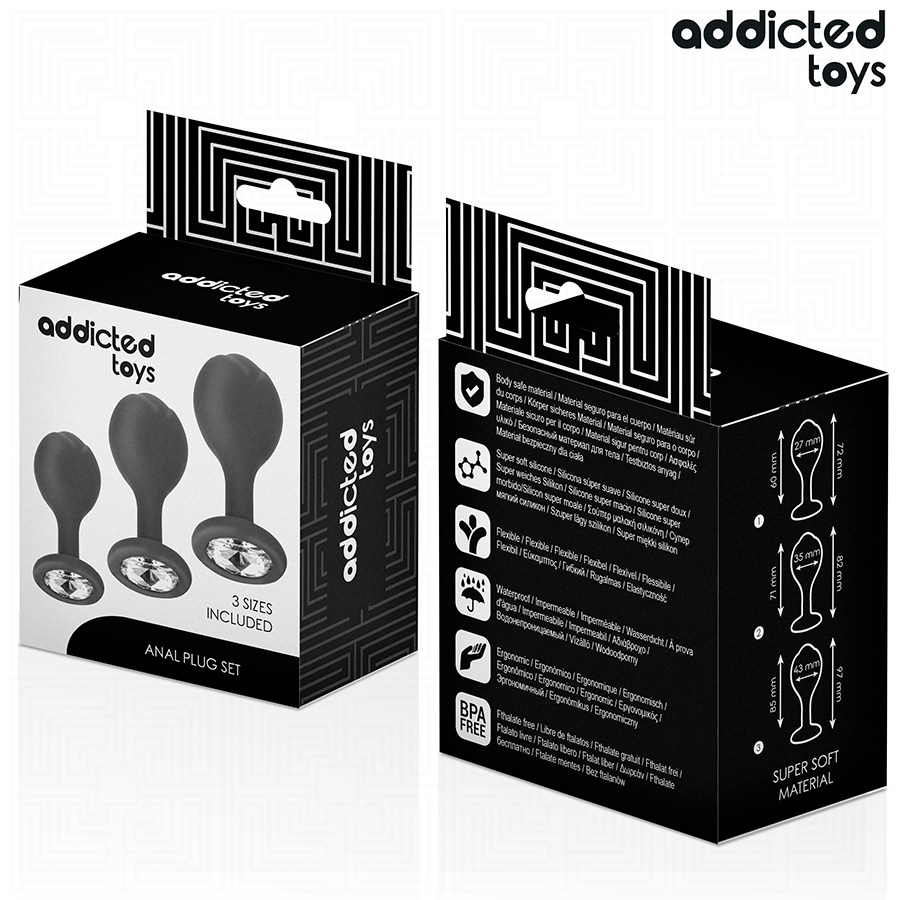 Analplug-Set 3-teilig mit Juwel Schwarz (6–8,5 cm)