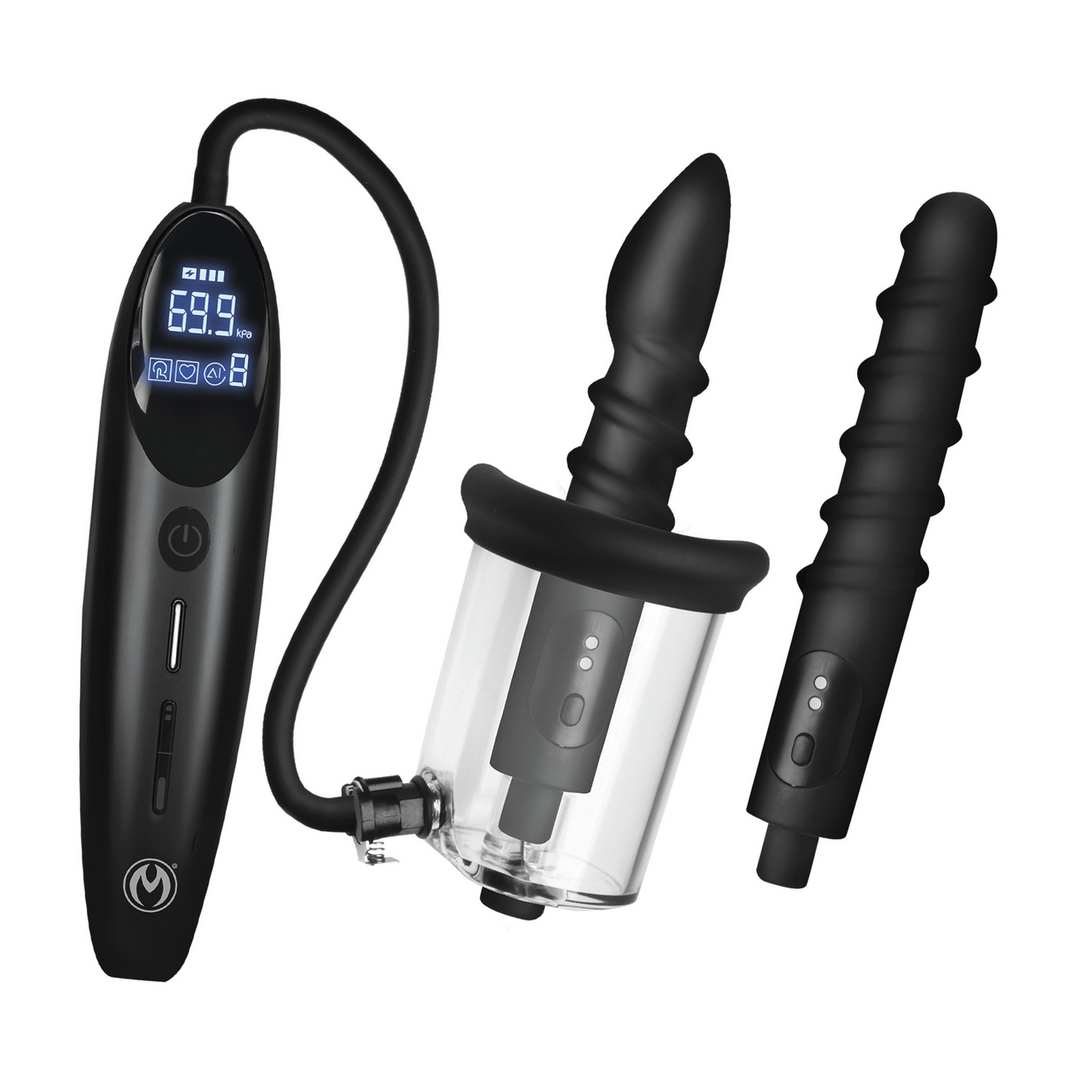 Analvibrator Master Series Rosebud Driller Deluxe Set mit Pumpe und zwei Aufsätzen Schwarz und Transparent 12 x Ø 5 cm