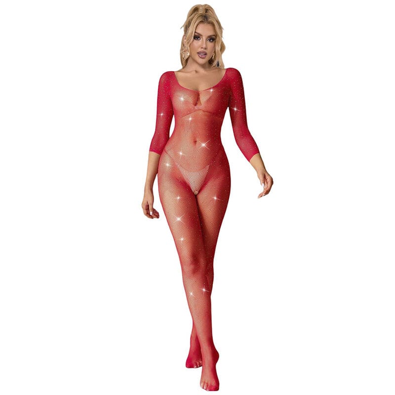 Bodystocking 952419 Netz-Bodystocking mit Diamanten Lange Ärmel Rot XS/M