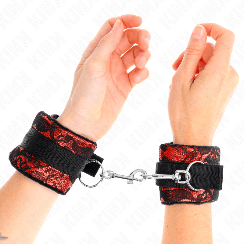 Fesselset Kurze Handgelenksfesseln aus Samtspitze und Nylonfessel Rot/Schwarz