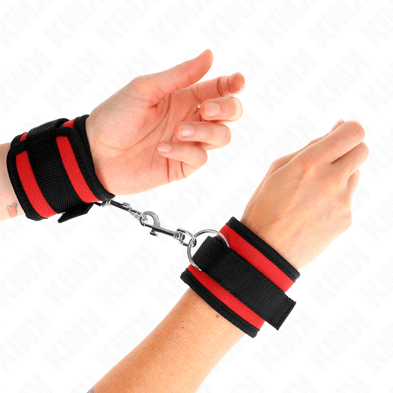 Fesselset Nylon Bind-Handfesseln mit Klettverschluss Rot-Schwarz Modell 2 Verstellbar 25 cm