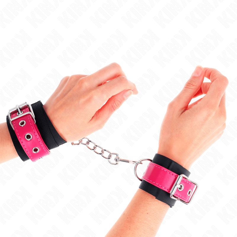 Fesselset Nylon-Handgelenkfesseln Schwarz mit Kunstledergürtel Himbeerrosa Verstellbar 19 cm