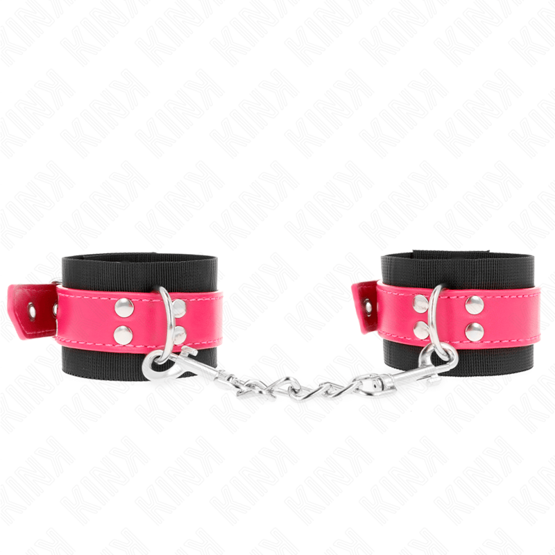 Fesselset Nylon-Handgelenkfesseln Schwarz mit Kunstledergürtel Himbeerrosa Verstellbar 19 cm – Ansicht 2