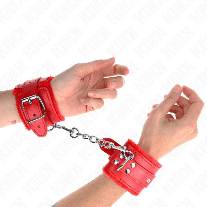 Fesselset pelzgefütterte Handgelenkfesseln Rot mit Rotem Gürtel Verstellbar 17 cm