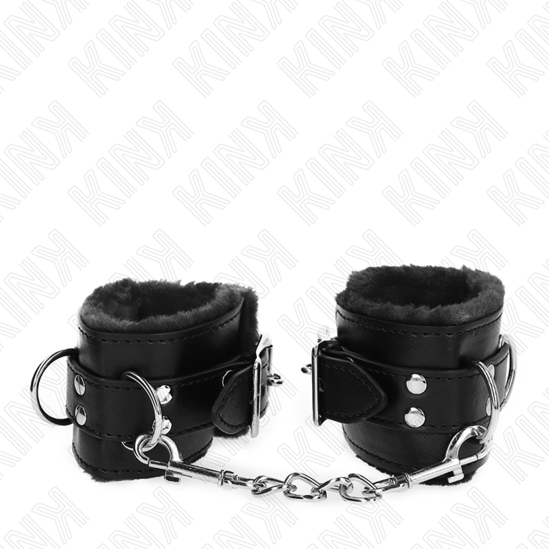 Fesselset pelzgefütterte Handgelenkfesseln Schwarz mit Schwarzem Gürtel Verstellbar 17 cm – Ansicht 3