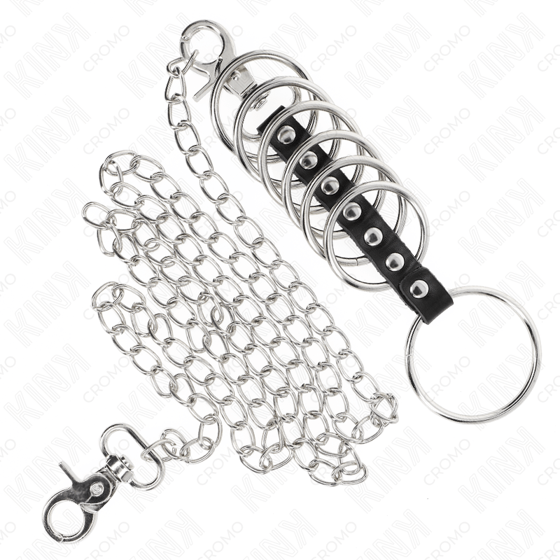 Fetisch-Toy 7 Penisringe aus Metall Bis Verbunden mit Leder und Metallkette Schwarz