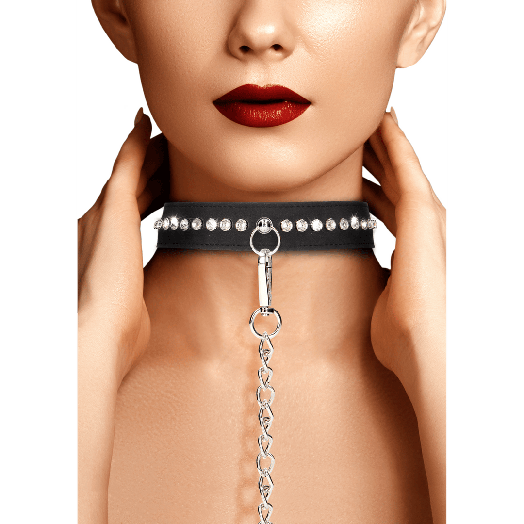 Halsband Ouch mit Strasssteinen und Leine Schwarz 102 cm