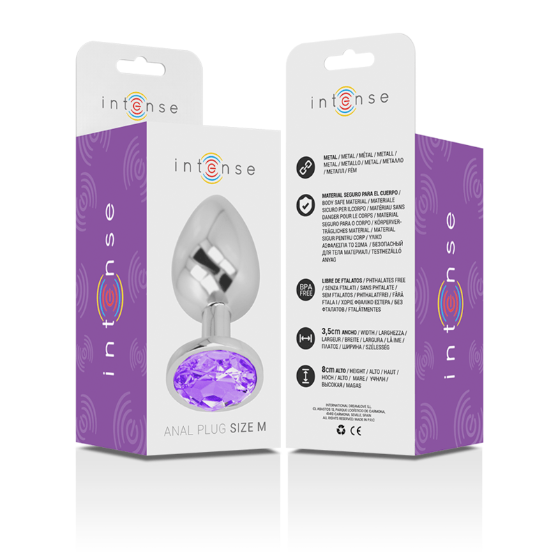 Analplug aus Aluminiummetall mit Violettem Kristall M 3,3 x 3,3 cm