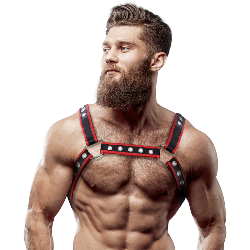 Fetish Submissive Attitude - Brust-Bulldog-Geschirr aus Ökoleder für Herren, Schwarz/Rot