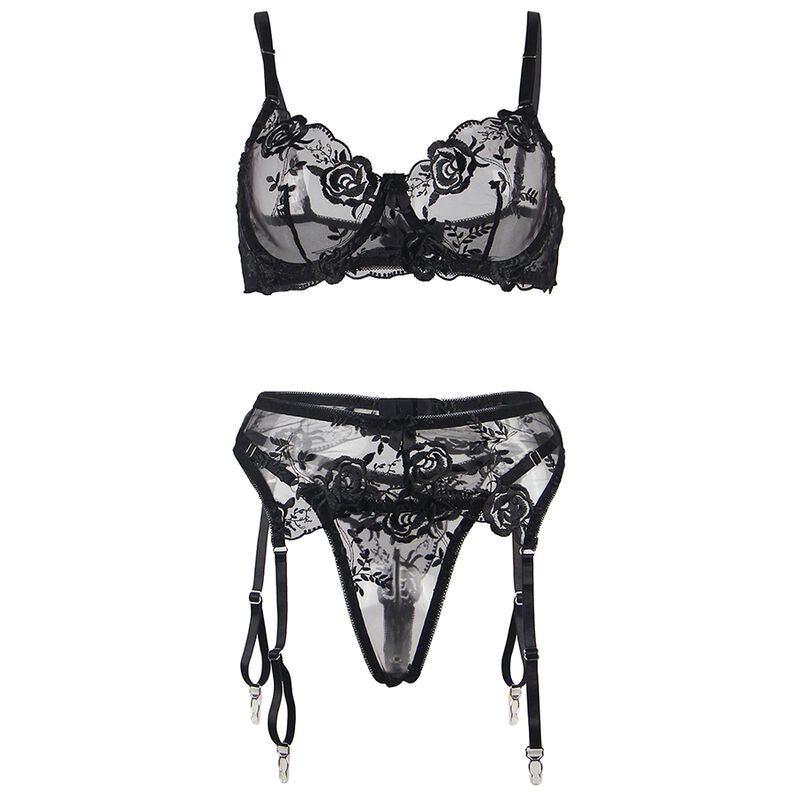 Subblime - 3-Teiliges Set Bh + String + Strumpfband Blumenprint Schwarz S/M