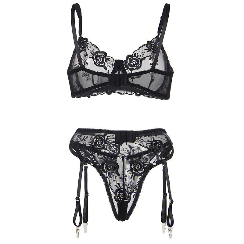 Subblime - 3-Teiliges Set Bh + String + Strumpfband Blumenprint Schwarz S/M