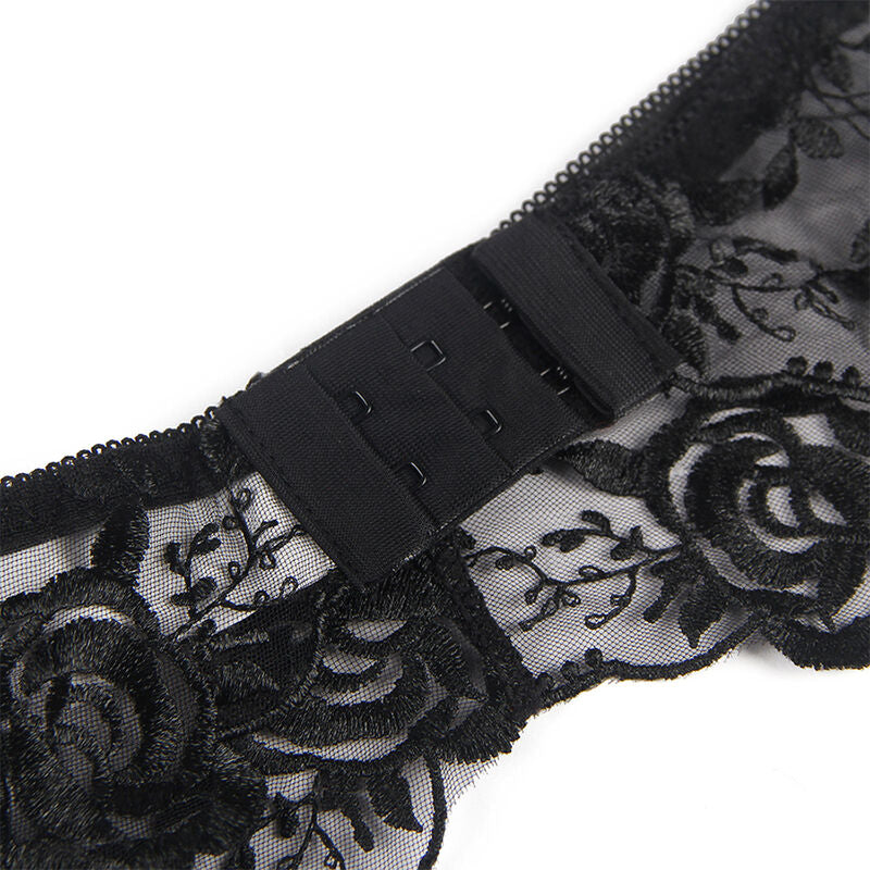 Subblime - 3-Teiliges Set Bh + String + Strumpfband Blumenprint Schwarz L/XL