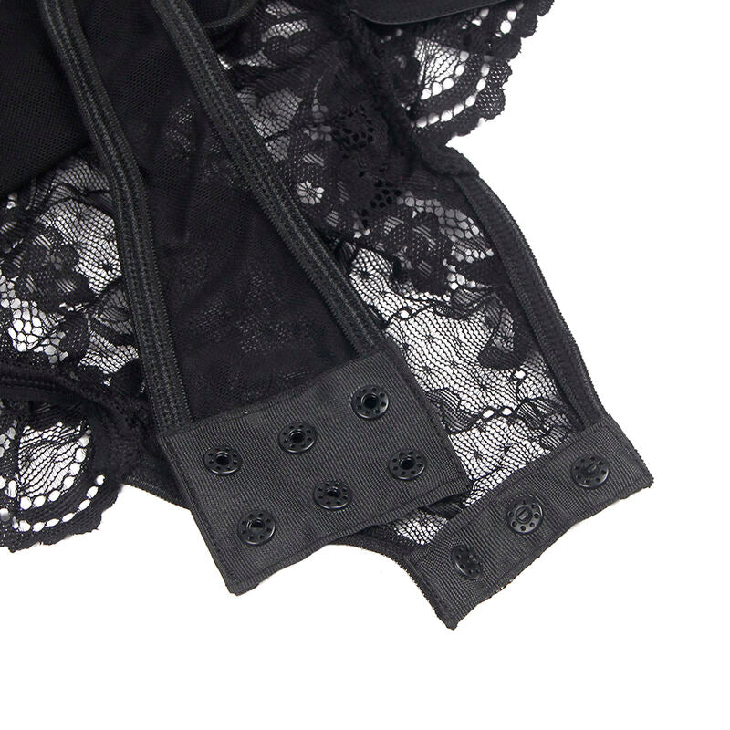 Subblime - Teddy mit Strumpfband mit Spitzendetail und Streifen Schwarz S/M