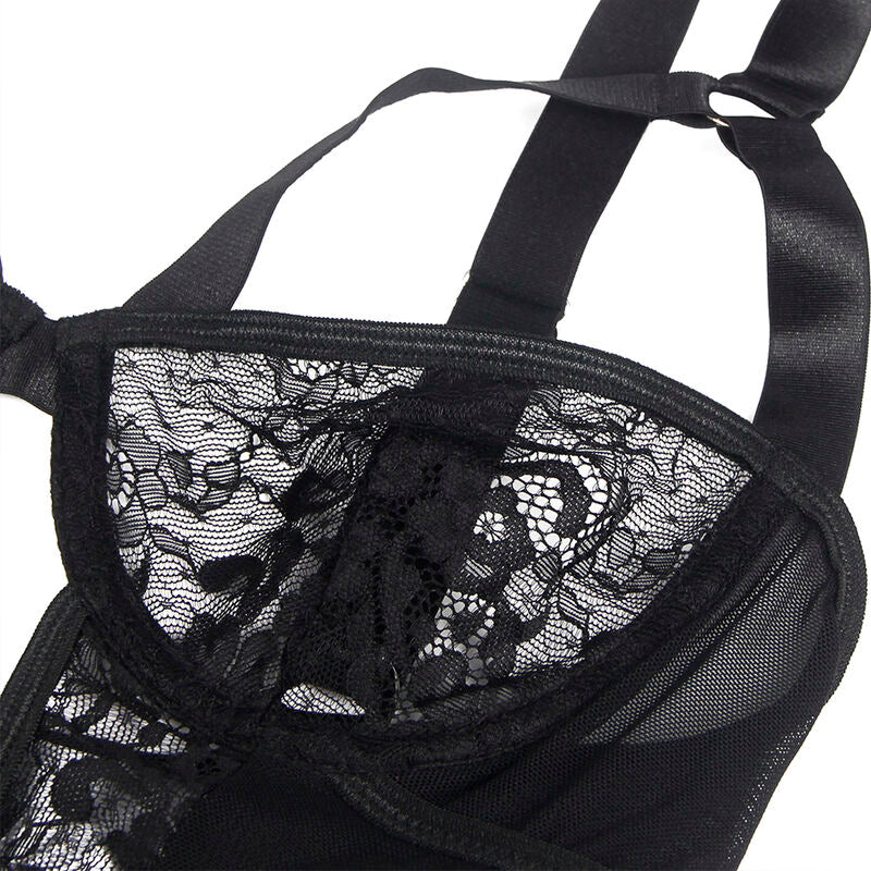Subblime - Teddy mit Strumpfband mit Spitzendetail und Streifen Schwarz L/XL