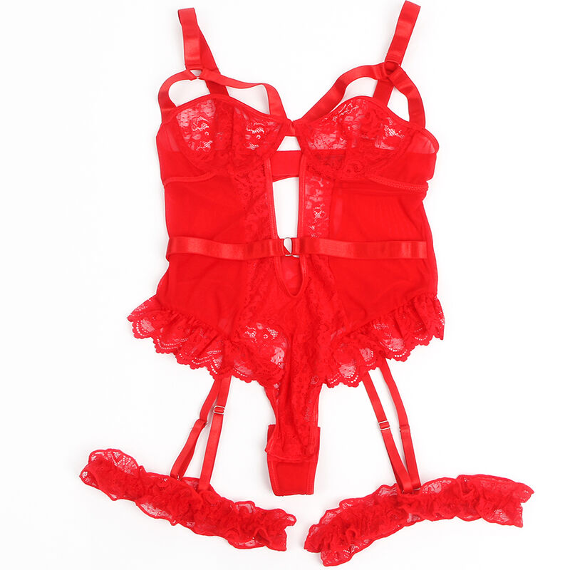 Subblime - Teddy mit Strumpfband mit Spitzendetail und Streifen Rot S/M
