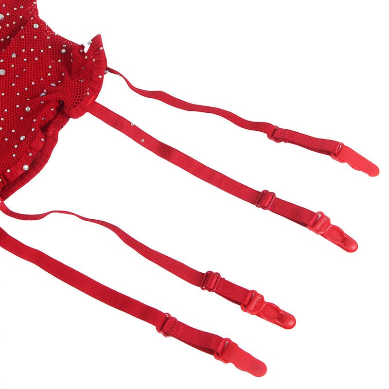 Netz-Bodystocking mit Handschuhen und Diamanten Rot Einheitsgröße – Ansicht 8