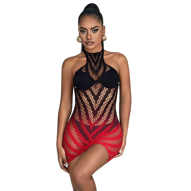 Subblime - 952242 Roter und Schwarzer Kleid aus Elastischem Netz mit Abgeschnittenem Degrad Eine Grösse