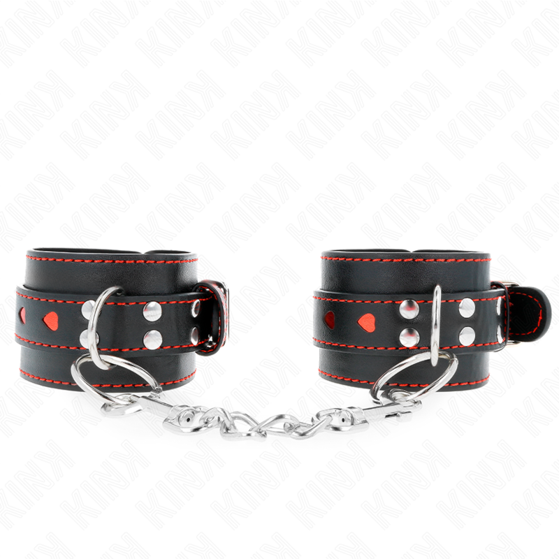 Kink - Schwarze Handgelenkfesseln mit Roter Herzeinlage, Verstellbar 21-28 cm x 5,5 cm