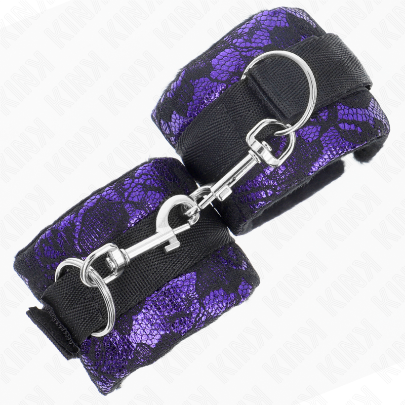 Kink - Kurze Handgelenksfesseln aus Samtspitze und Nylonbindung Lila/Schwarz 23 x 6,5 cm