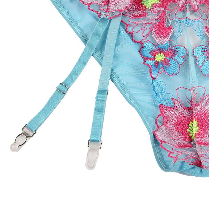 Subblime - 954109 Bh + Höschen mit Strumpfgürtel Blumendesign Blau S/M