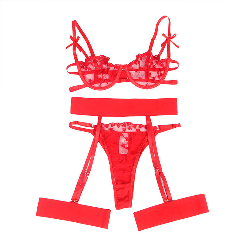 Subblime - 954338 Bh + String + Strumpfgürtel mit Herzdruck Rot L/XL