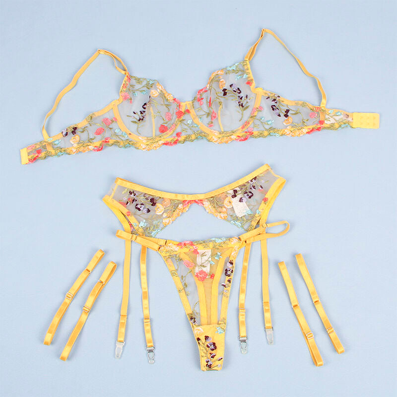 Subblime - 954352 Bh + String + Strumpfgürtel Blumendesign Gelb L/XL