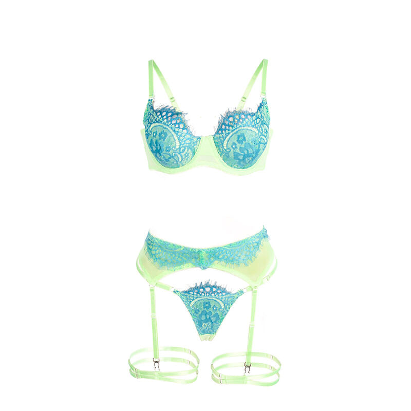 Subblime - 955328 Bh-Set mit Spitze und Strumpfband Grün und Blau L/XL