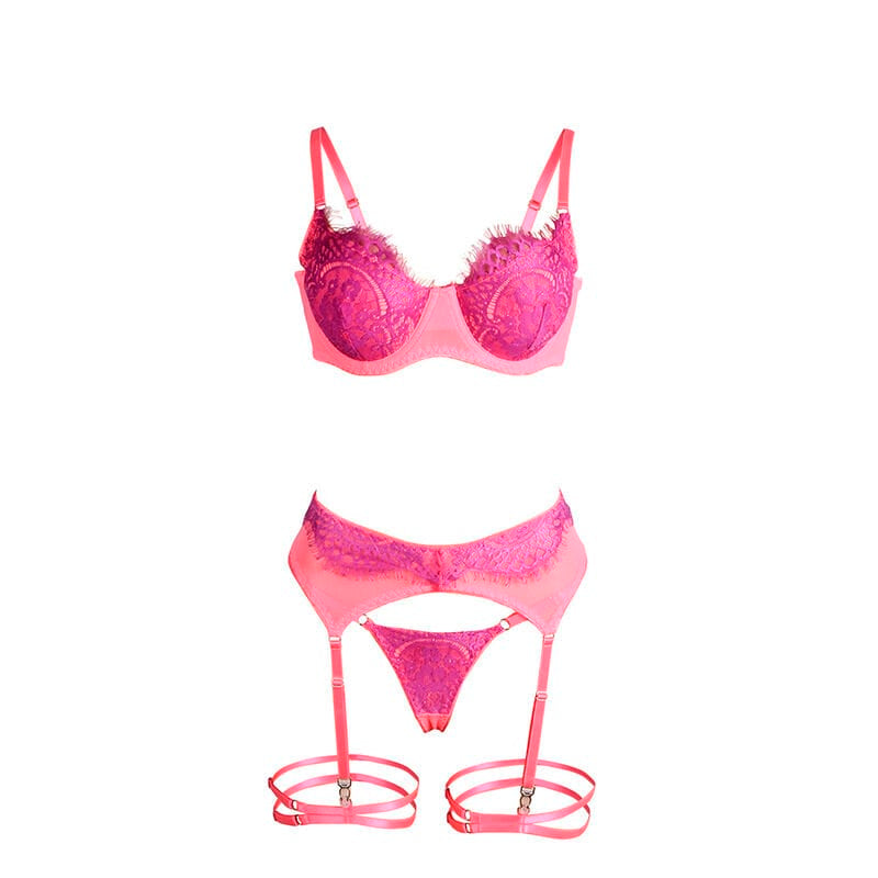 Strapsset BH-Set mit Spitze und Strumpfband Rosa/Lila L/XL
