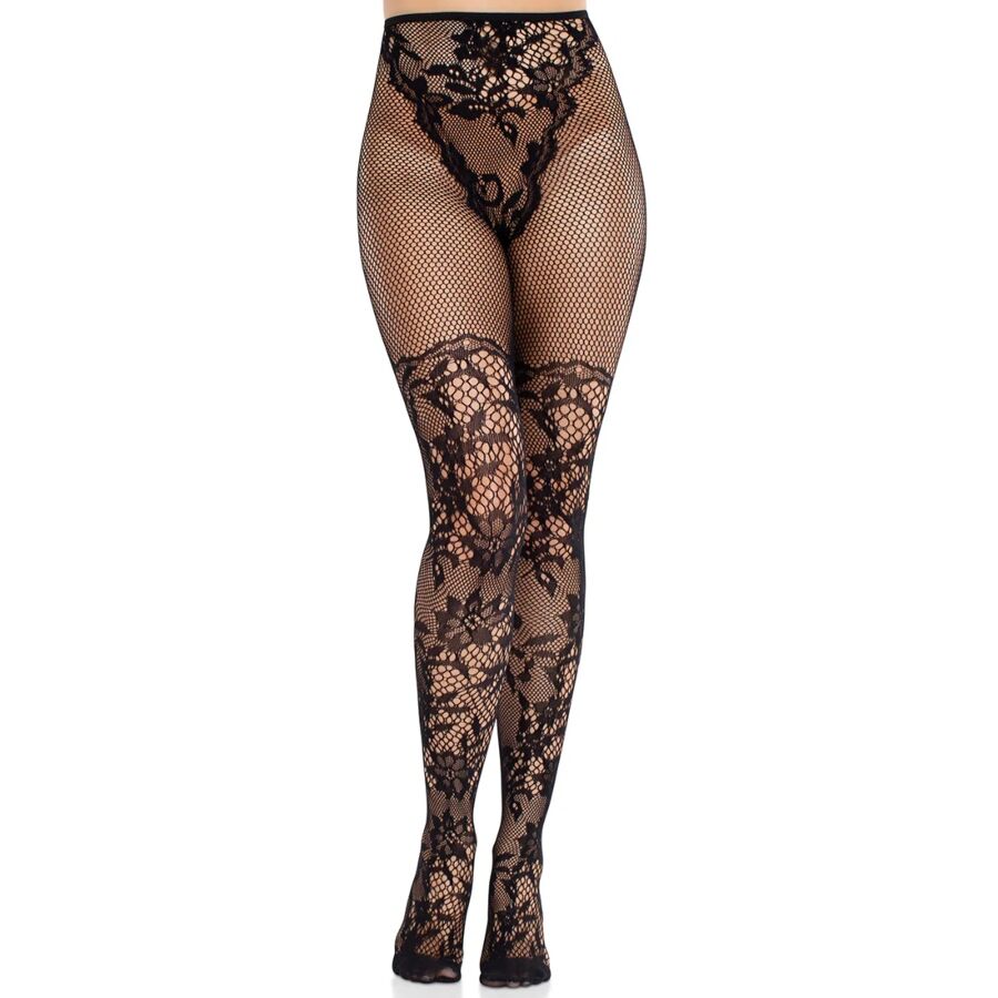Leg Avenue - Dahlia Spitzenstrümpfe mit Netzdetail Schwarz