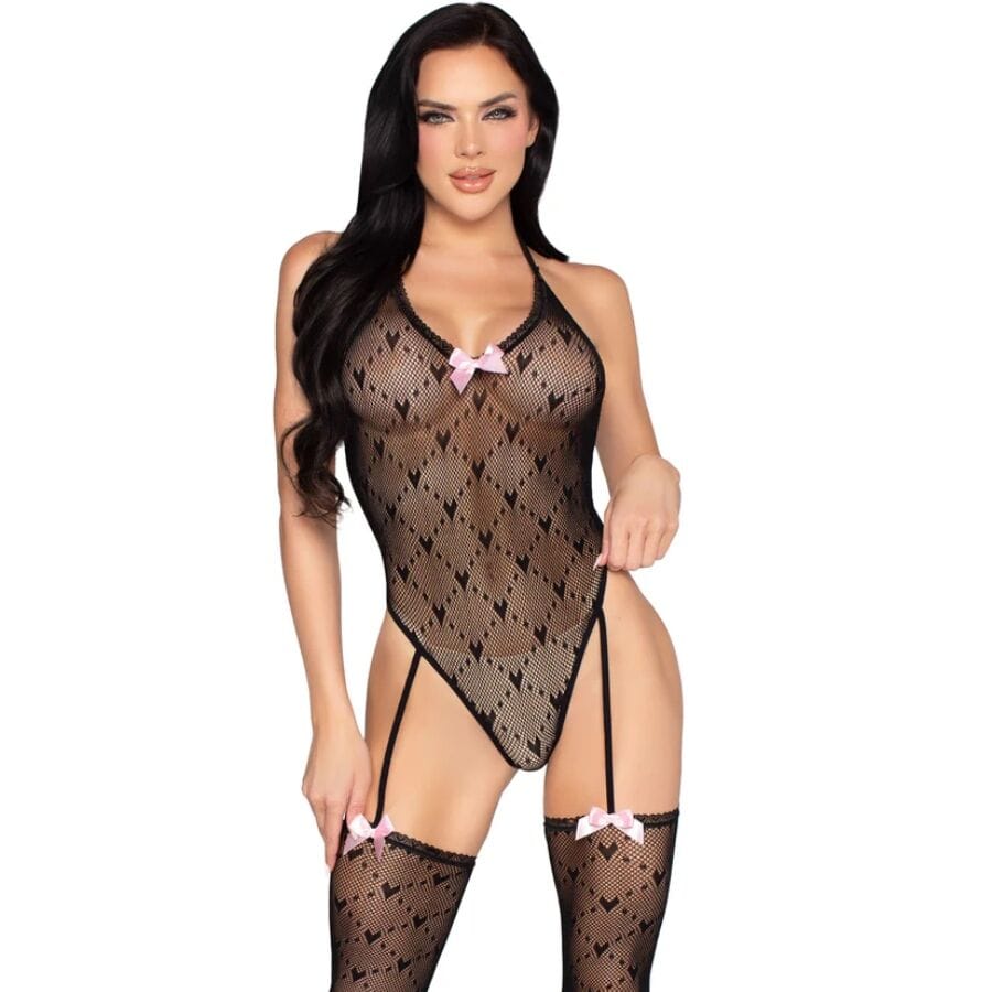 Leg Avenue - 89360 Bodysuit mit Offenem Rücken und Strumpfgürtel Schwarz - Eine Grösse