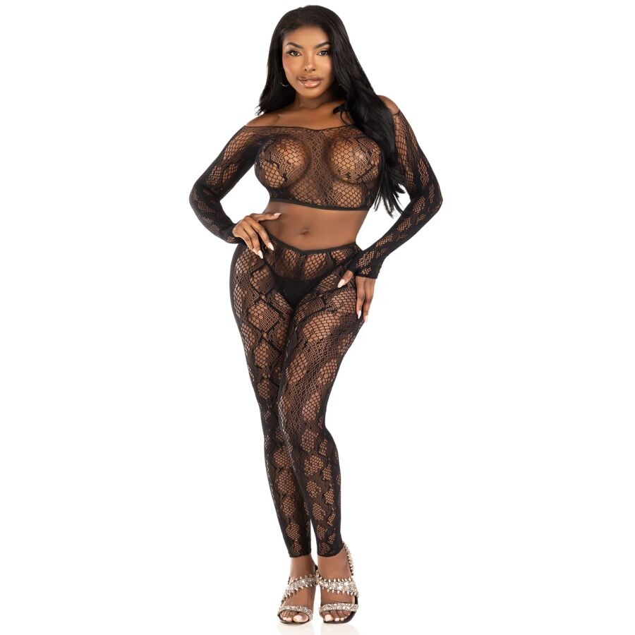 Leg Avenue - 89373 Python-Crop-Top & Fusslose Strumpfhose Schwarz - Einheitsgrösse