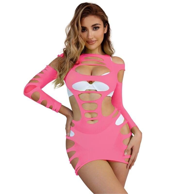 Kleid Langärmeliges elastisches Netzkleid Rosa Eine
